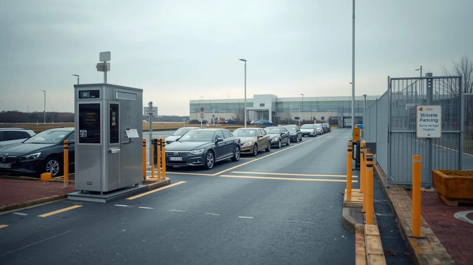 Entrée d'un parking privé à l'aéroport Orly avec barrière électronique et guérite de sécurité