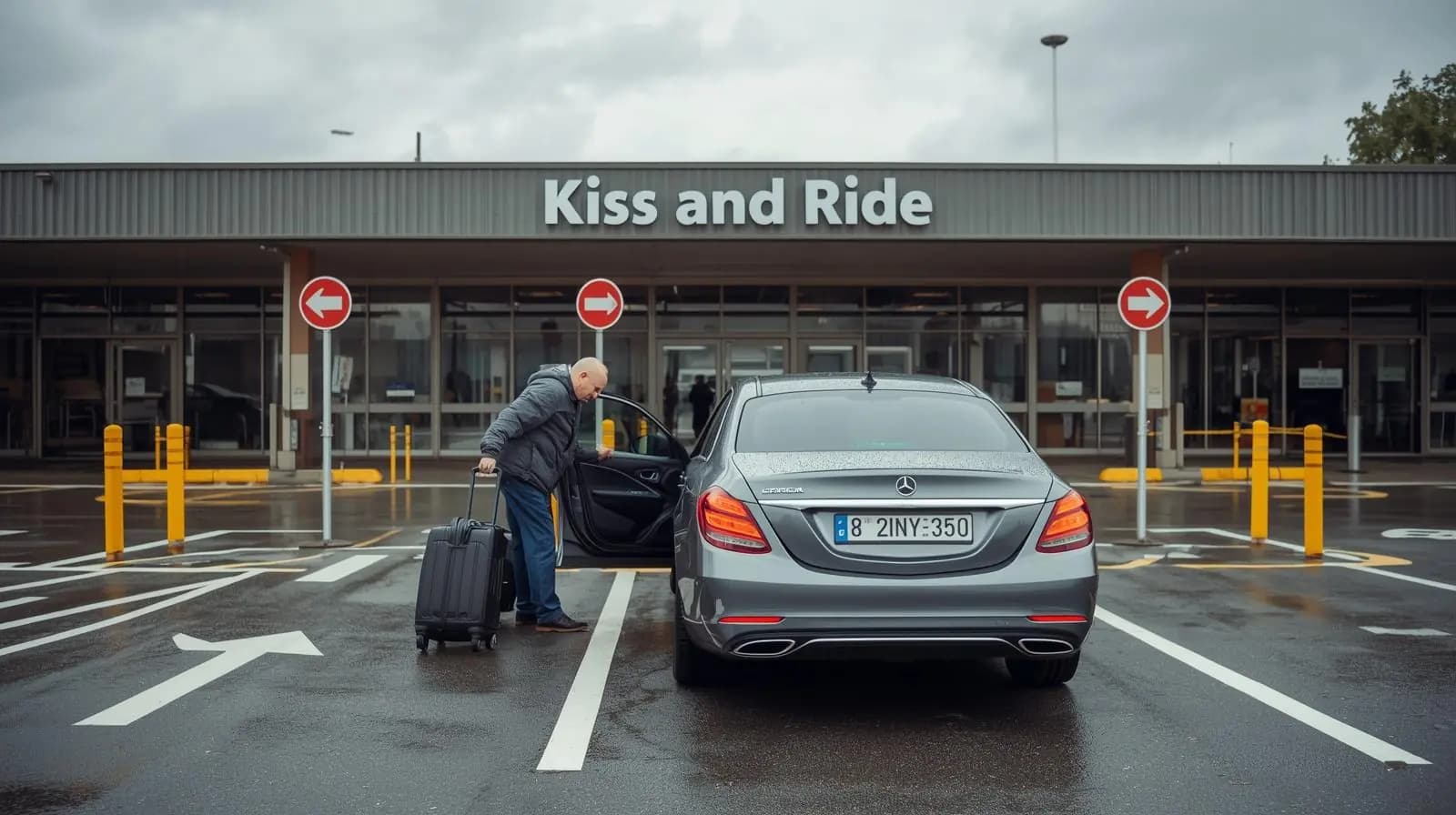Zone de dépose-minute à l'aéroport Orly avec voiture et voyageur déchargeant bagages