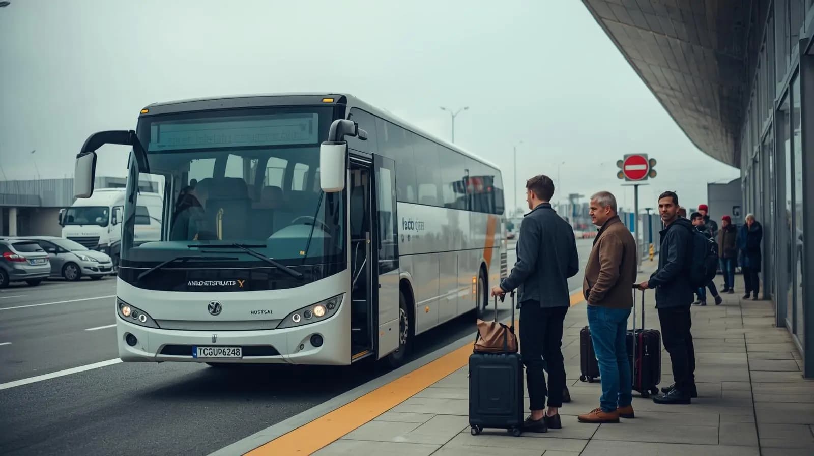 Navette parking Roissy CDG arrivant au terminal avec voyageurs et valises