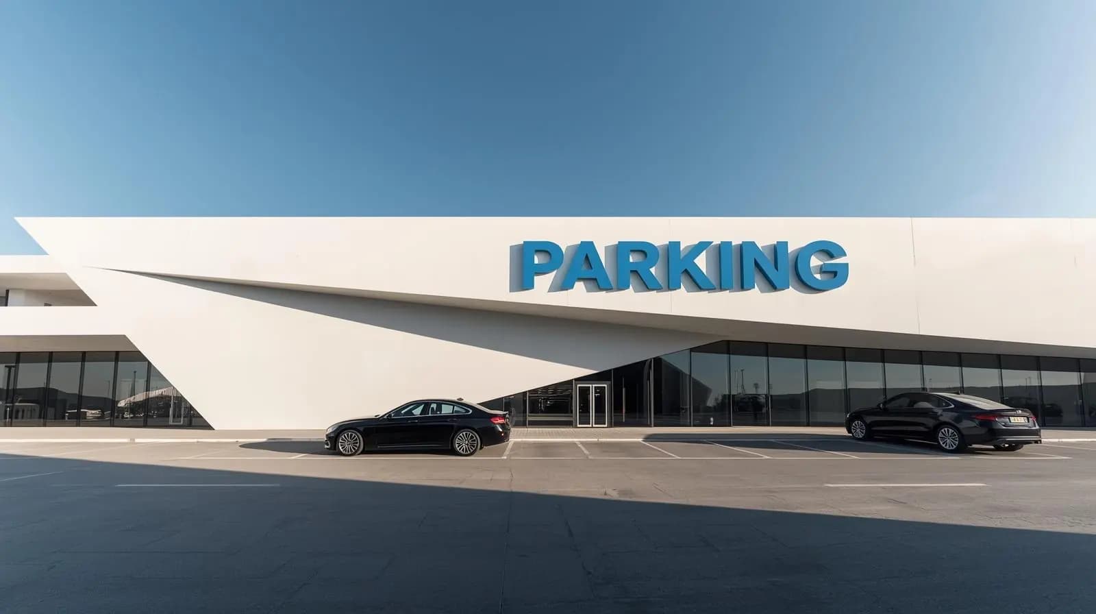 Parking Neo à l'aéroport Orly avec signalétique bleue moderne et architecture contemporaine