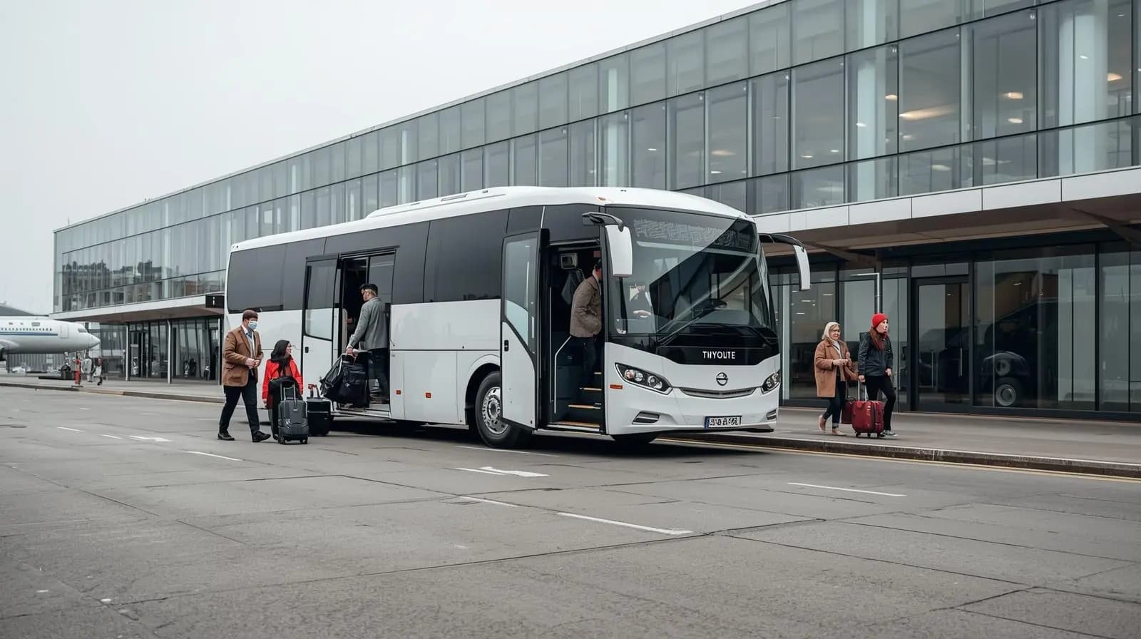 Navette aéroport blanche à l'arrêt au terminal avec voyageurs et bagages embarquant