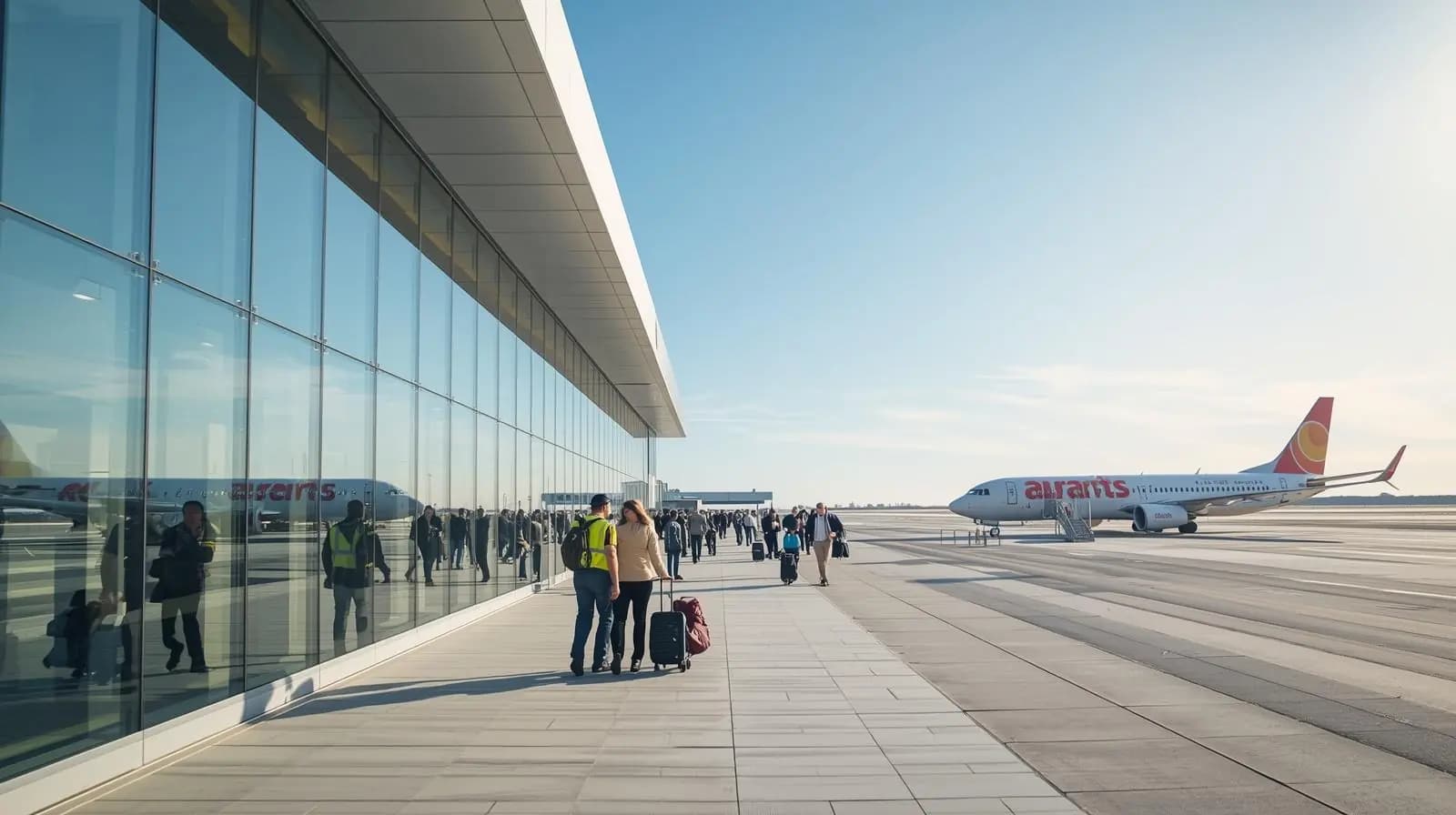 Terminal 3 de l'aéroport CDG avec avion low-cost et voyageurs à l'approche