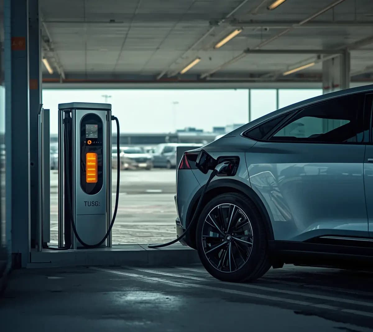 Voiture électrique en charge sur borne au parking de l'aéroport CDG