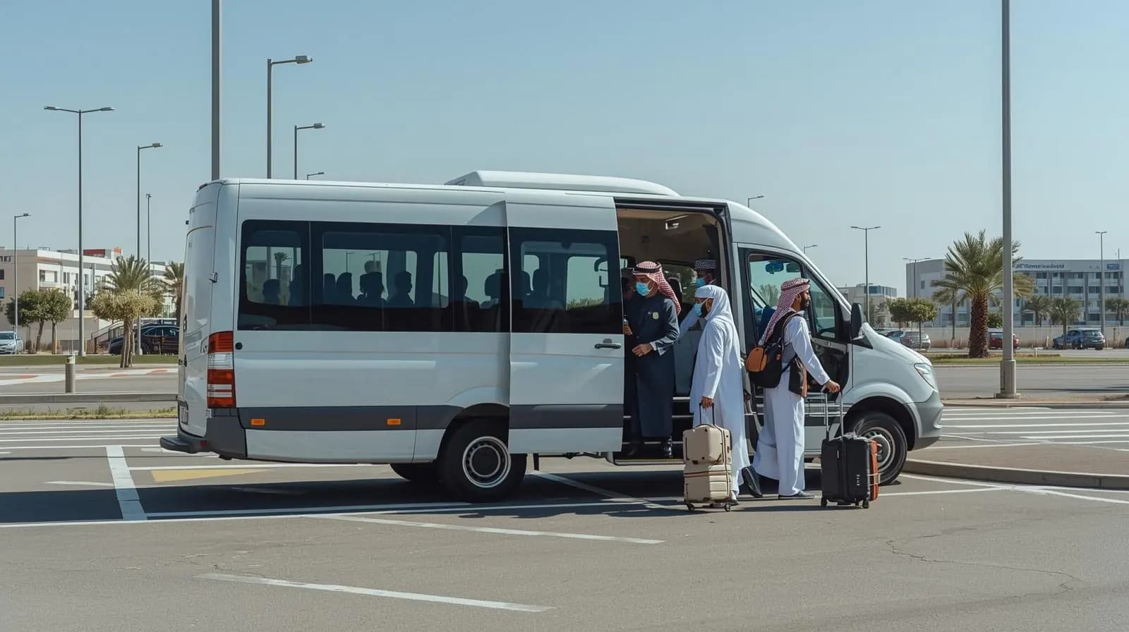 Van navette blanc à l'arrêt dans un parking aéroport Orly avec voyageurs embarquant
