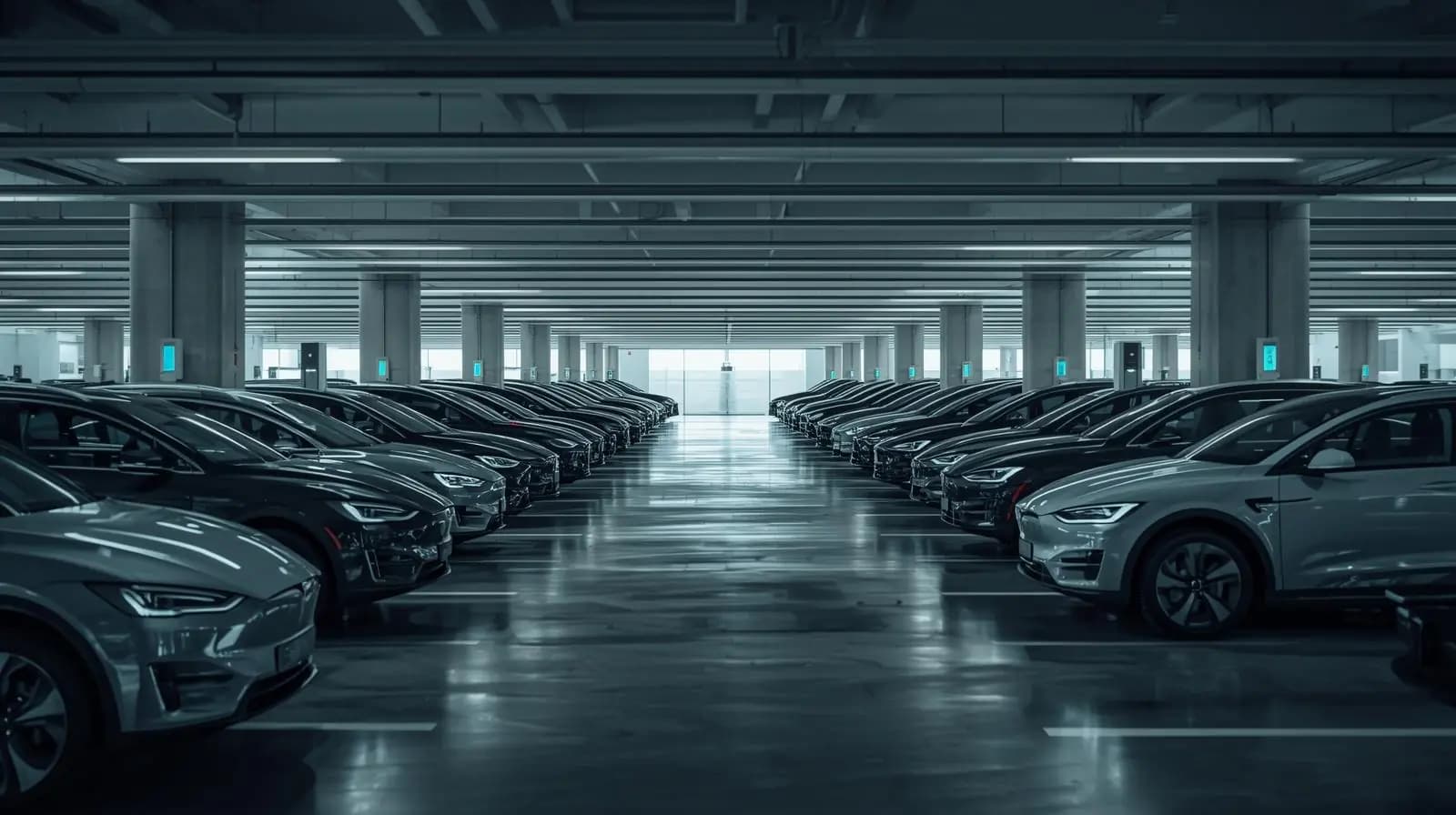 Rangée de véhicules électriques en charge au parking de l'aéroport Paris-Orly