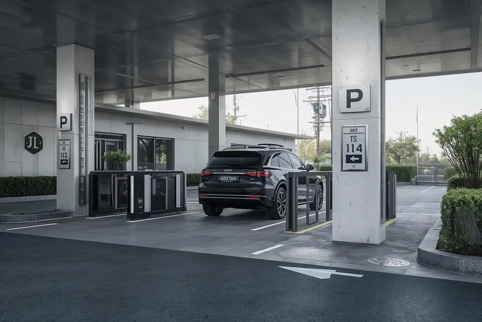 Entrée du parking Premier CDG avec barrière électronique et SUV noir en approche
