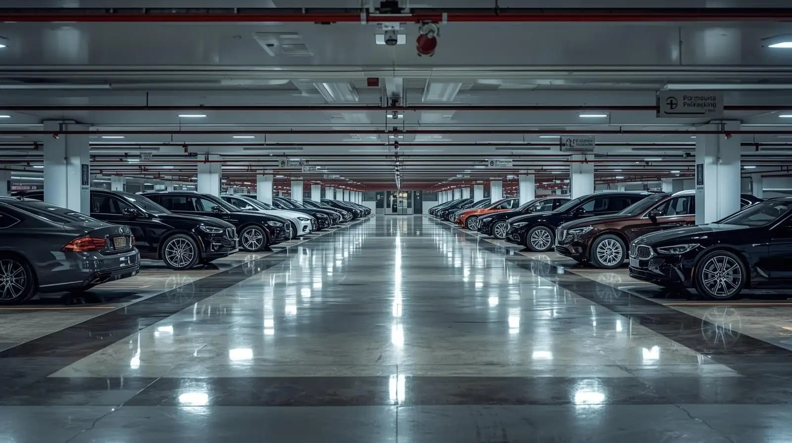 Intérieur du parking Premier Orly couvert avec véhicules premium stationnés