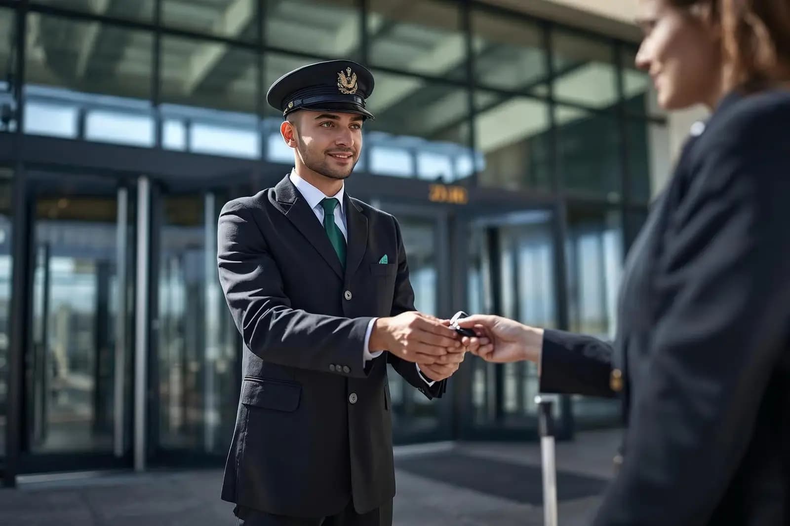 Voiturier en uniforme recevant les clés de voiture devant le terminal aéroport CDG
