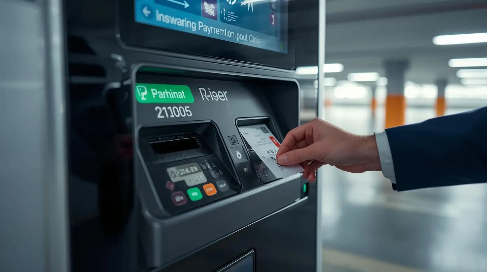 Borne de paiement parking à l'aéroport Orly avec ticket et carte bancaire
